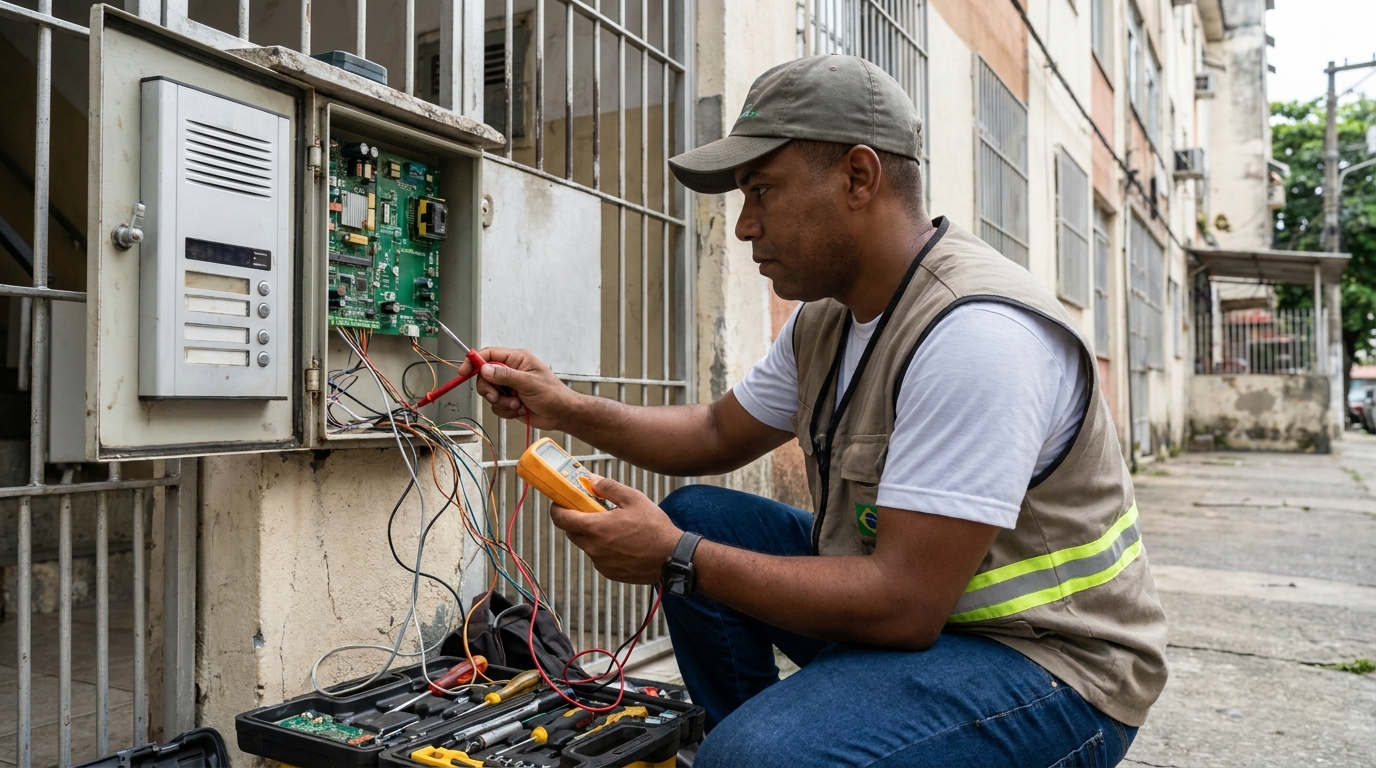 Eletricista consertando interfone em Joinville‑SC