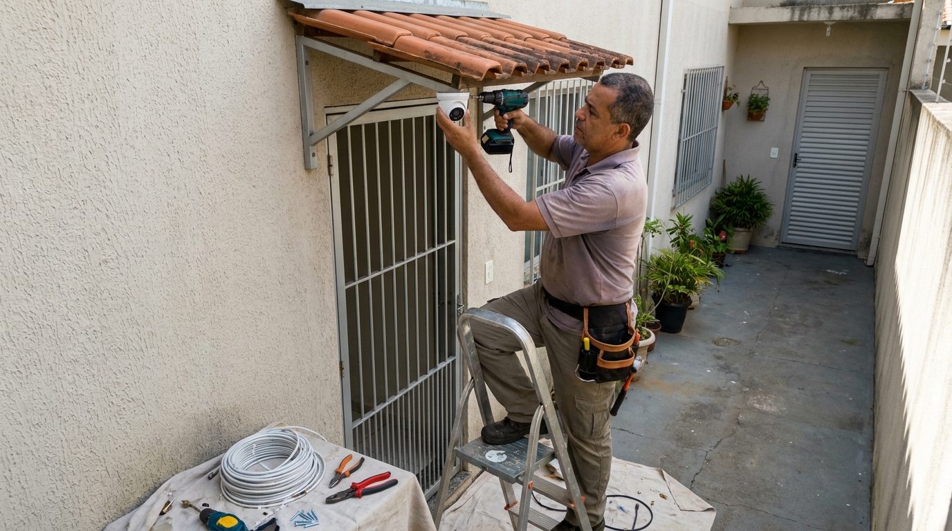Eletricista instalando cameras de seguranca em Joinville‑SC