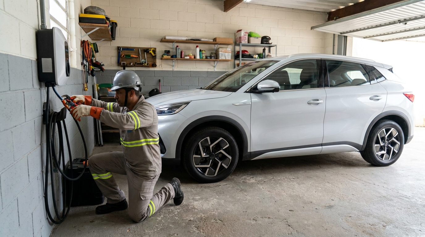 Eletricista instalando carregador de carro eletrico em Joinville‑SC