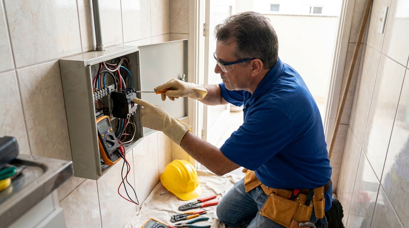 Eletricista instalando disjuntor em Joinville‑SC