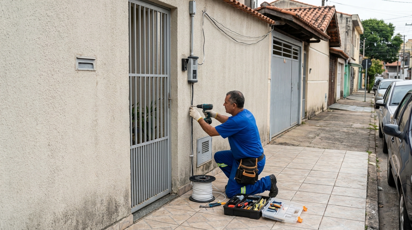 Eletricista instalando interfone em Joinville‑SC