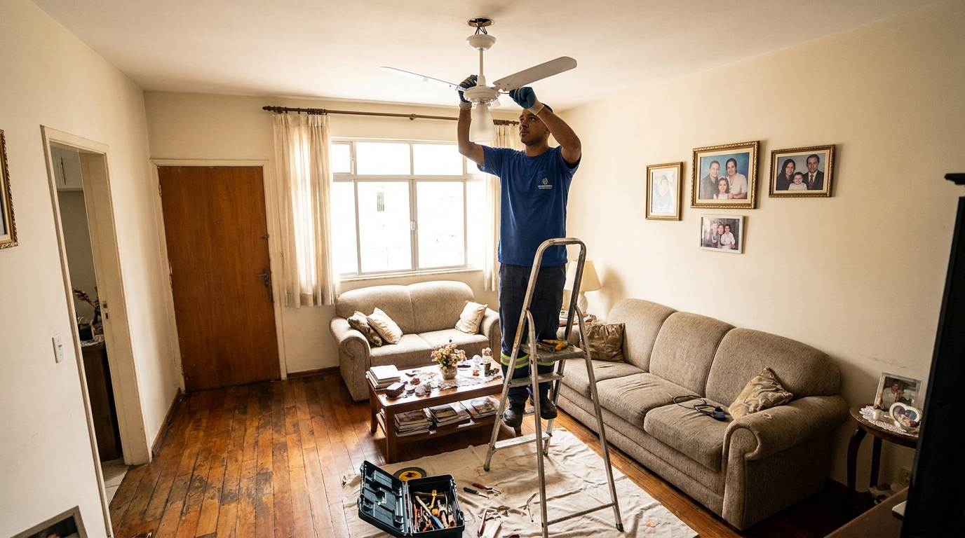 Eletricista instalando ventilador de teto em Joinville‑SC